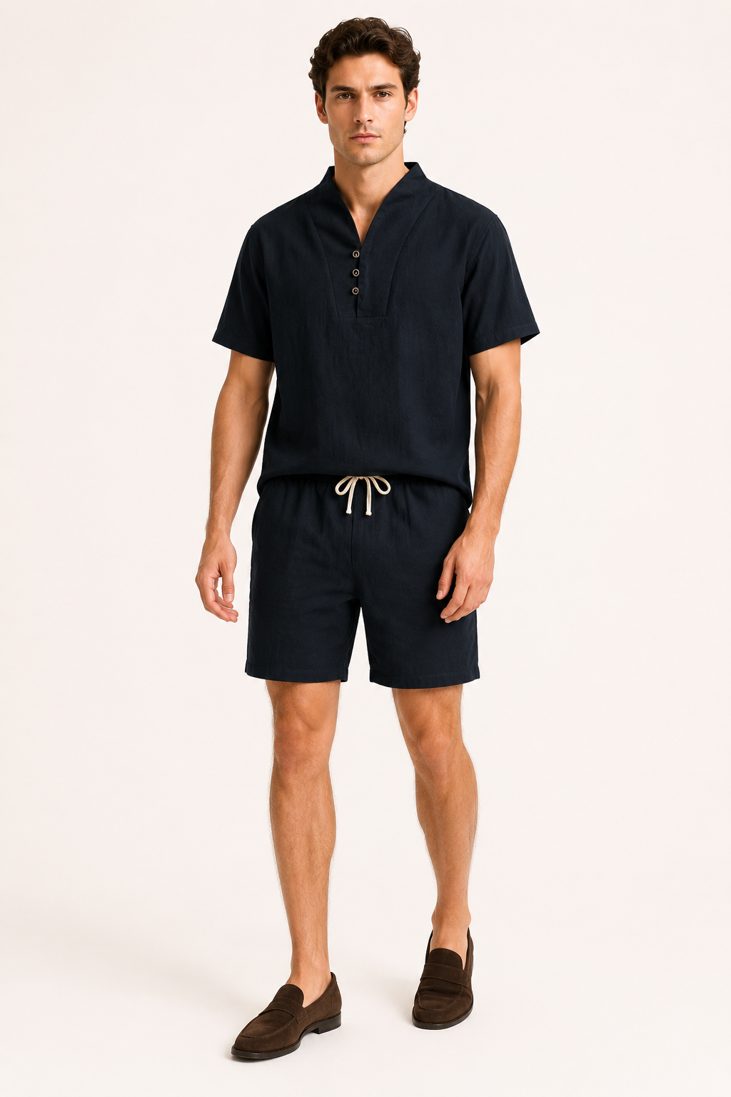 Herren-Set aus Leinen und Baumwolle mit Stehkragen und Shorts – Armin