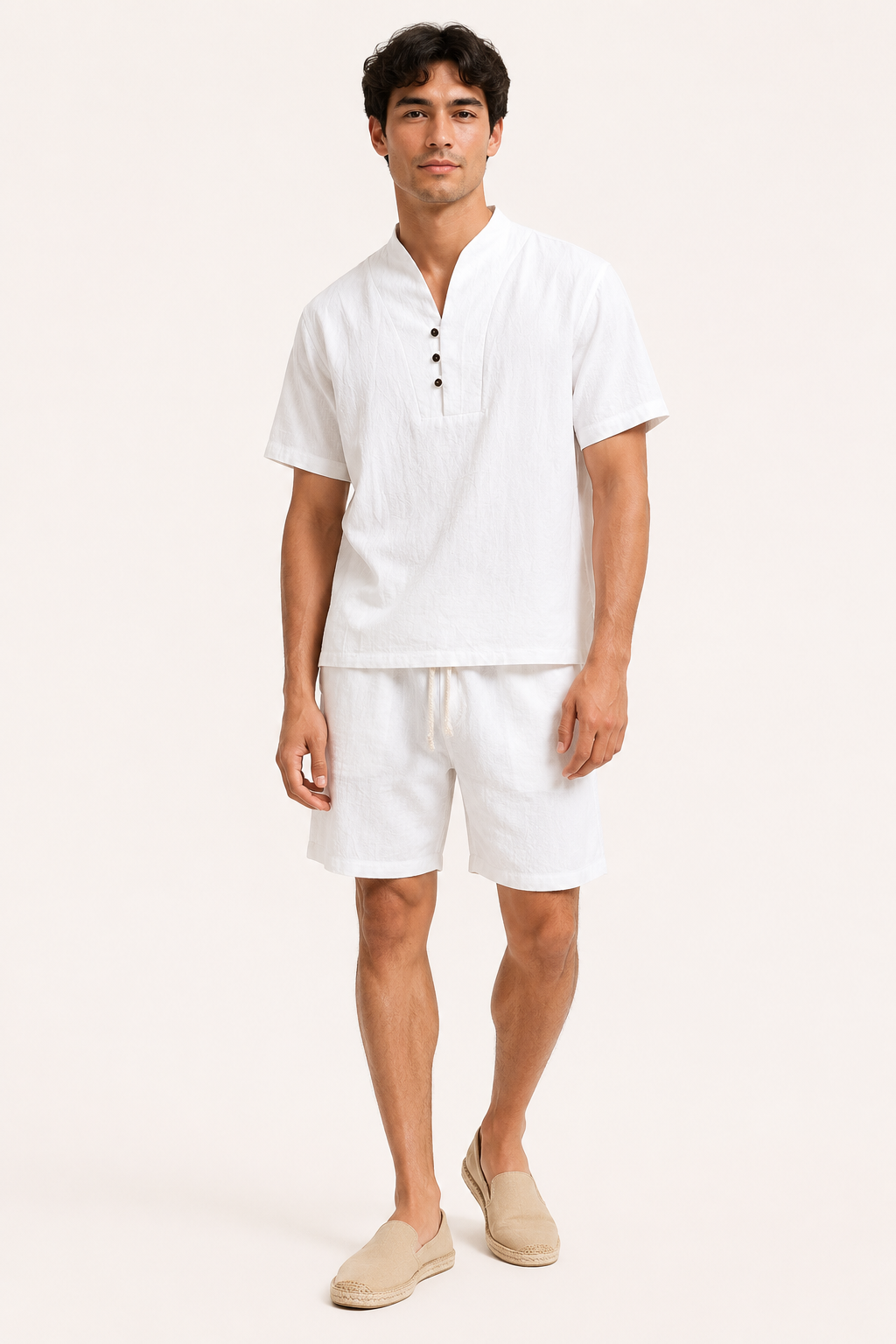 Herren-Set aus Leinen und Baumwolle mit Stehkragen und Shorts – Armin