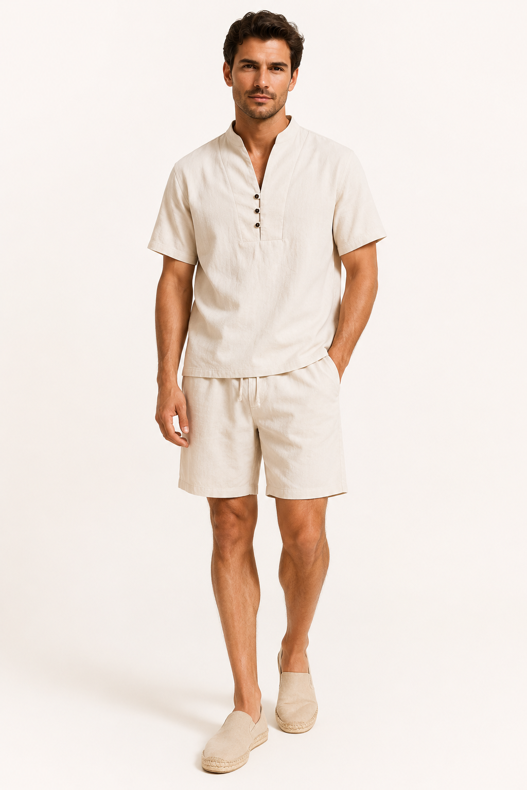 Herren-Set aus Leinen und Baumwolle mit Stehkragen und Shorts – Armin
