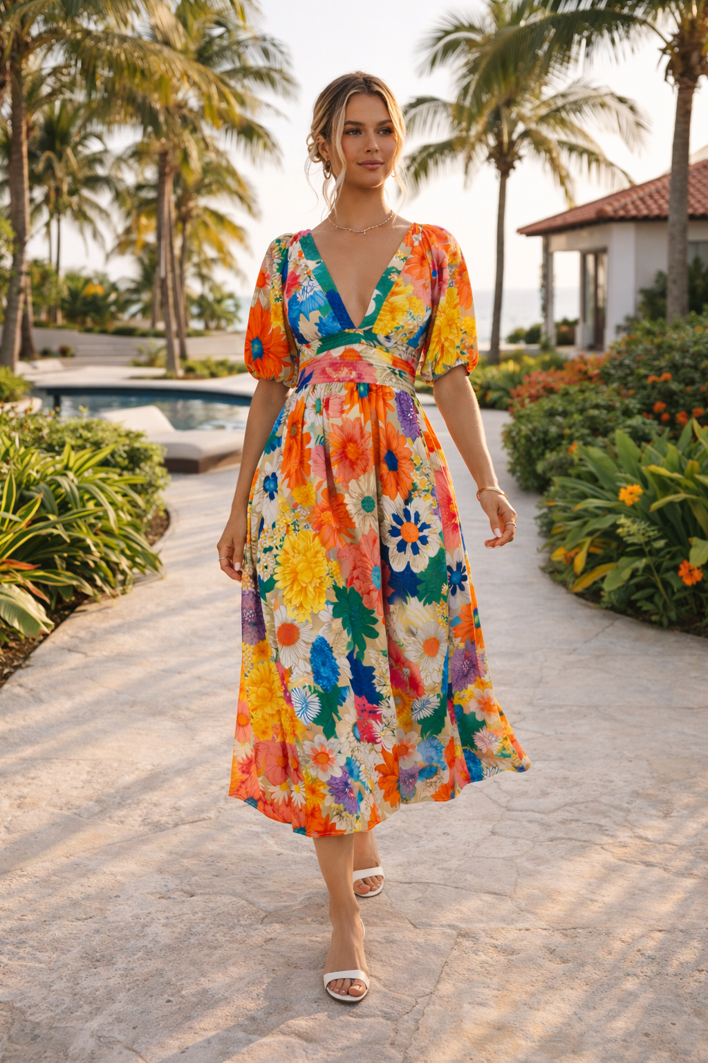 Midikleid mit Blumenmuster, V-Ausschnitt und kurzen Puffärmeln - Elviane