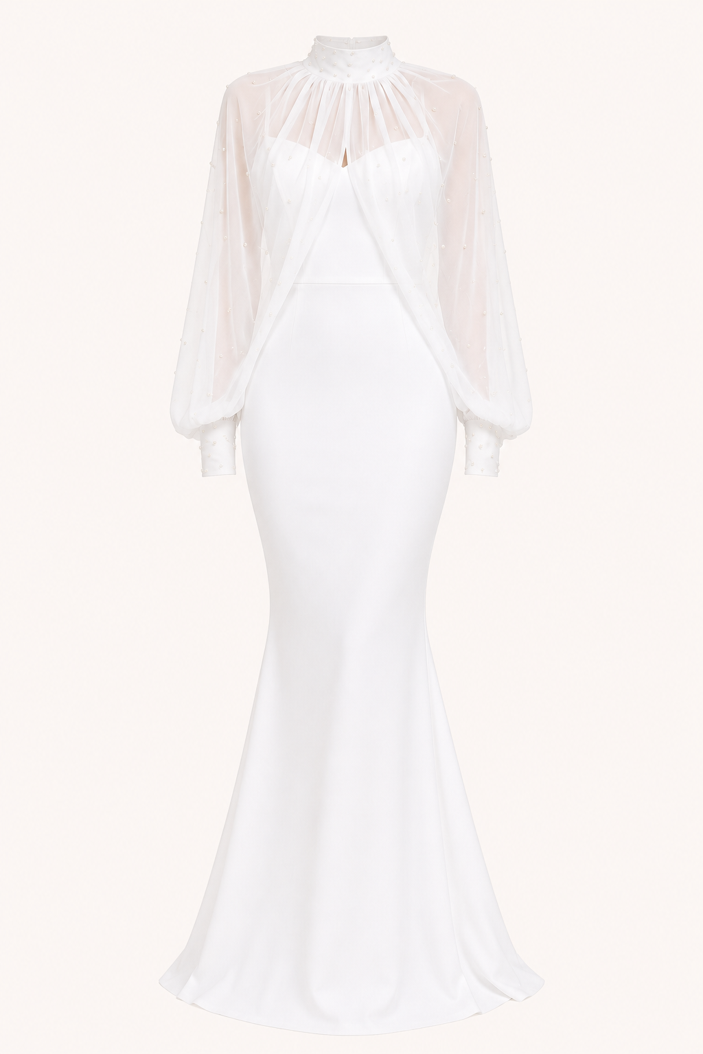 Elegantes zweiteiliges langes Damenkleid mit transparenten Ärmeln – Hellblau