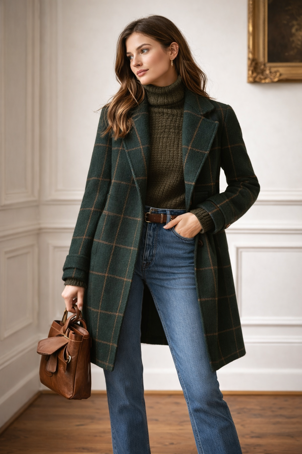Eleganter Damenmantel mit breitem Revers und Karomuster - Yara
