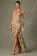 Langes Damenkleid mit dünnen Trägern und Schlitz vorne - Agneta