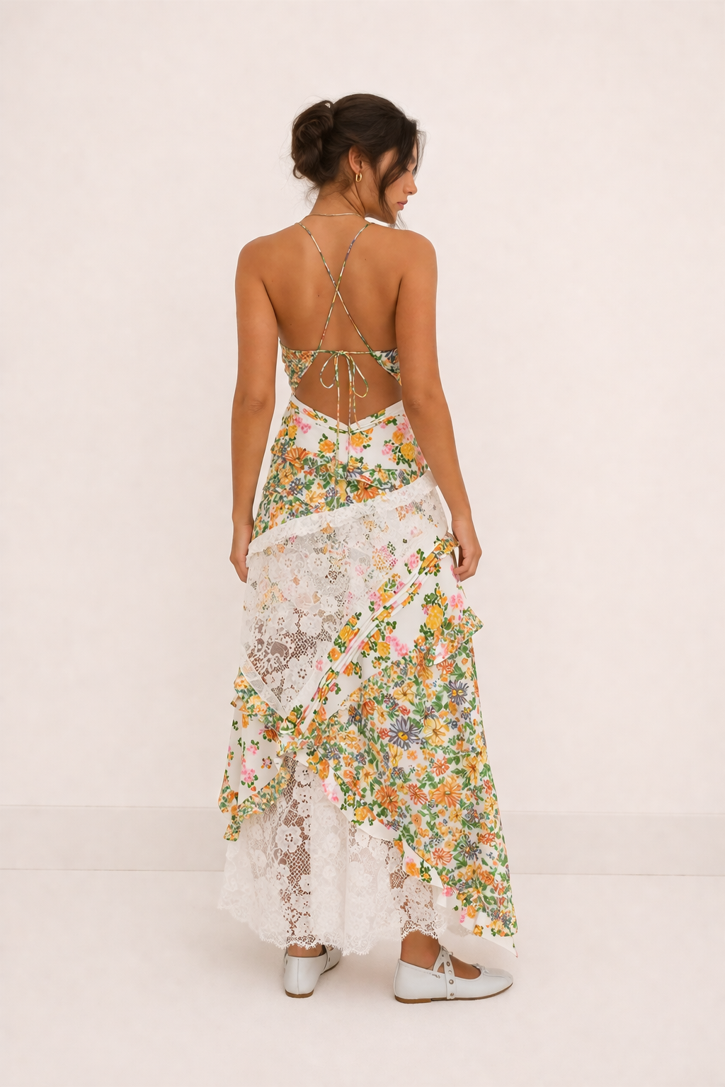 Langes Kleid mit Blumendruck Sommer Spitze - Danira