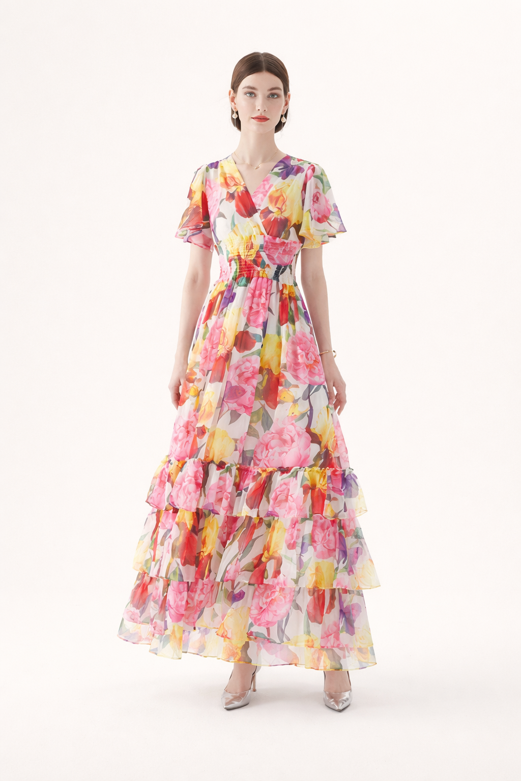 Langes Kleid mit Blumendruck und Rüschen für Frauen - Alessandra
