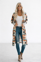 Lange Strickjacke mit mehrfarbigen geometrischen Blöcken - Laury