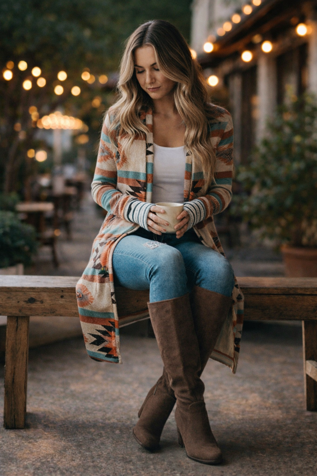 Lange Strickjacke mit mehrfarbigen geometrischen Blöcken - Laury