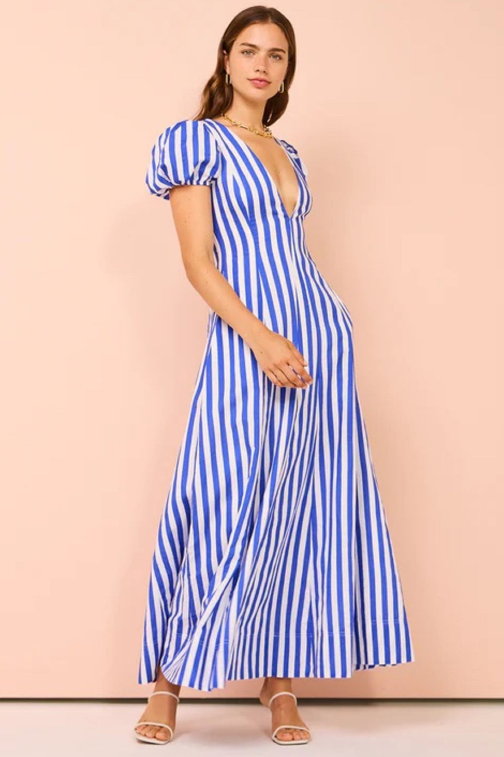 Anne - Modisches Damenkleid mit Puffärmeln und Streifen