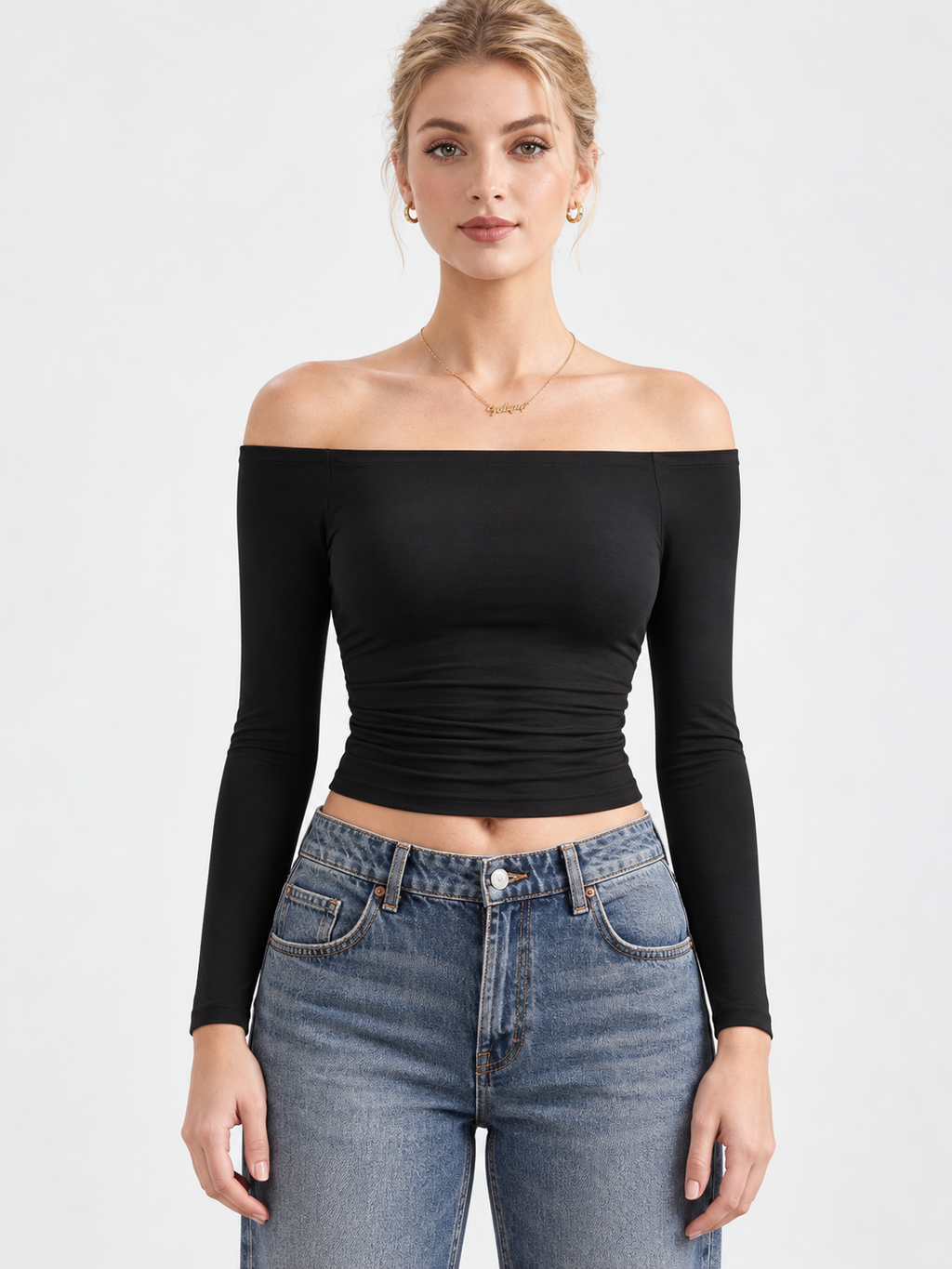 Schulterfreie Bluse mit langen Ärmeln