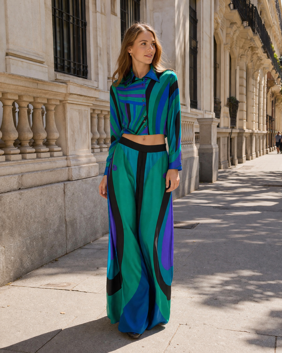 Langärmeliges Damenoberteil, lange Ärmel, weite Hose, eleganter Druck - Jenna
