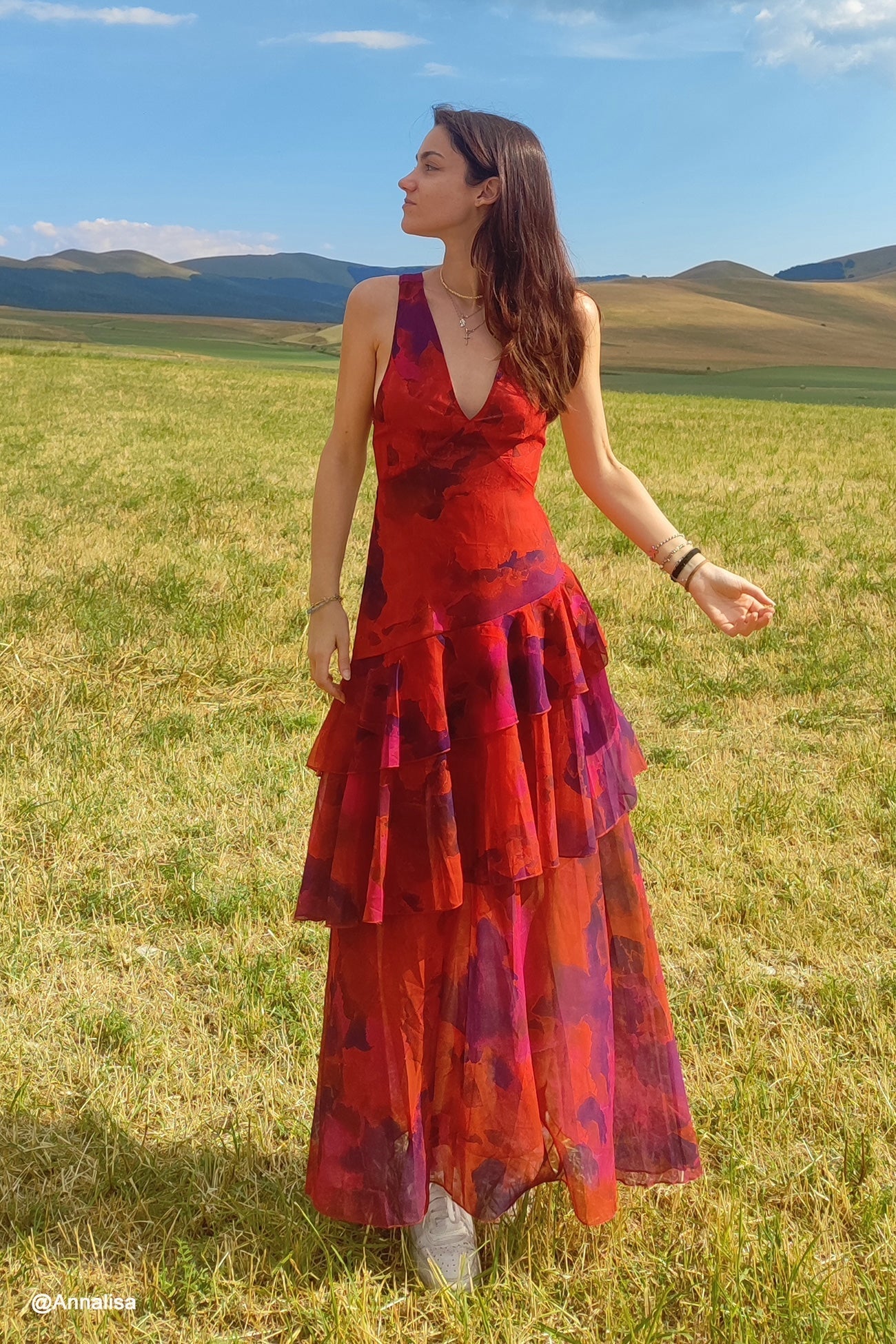 Langes Kleid mit Blumendruck und Rüschen - Camila