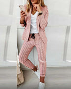 Rici - Casual Street Plaid Langarm Zweiteiliges Set
