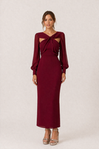Damen Midikleid geknotet vorne langarm elegant feminin - Isolde