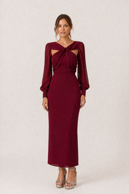 Damen Midikleid geknotet vorne langarm elegant feminin - Isolde