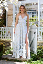 Antonella - Langes geblümtes Kleid mit Schlitz und Rüschen