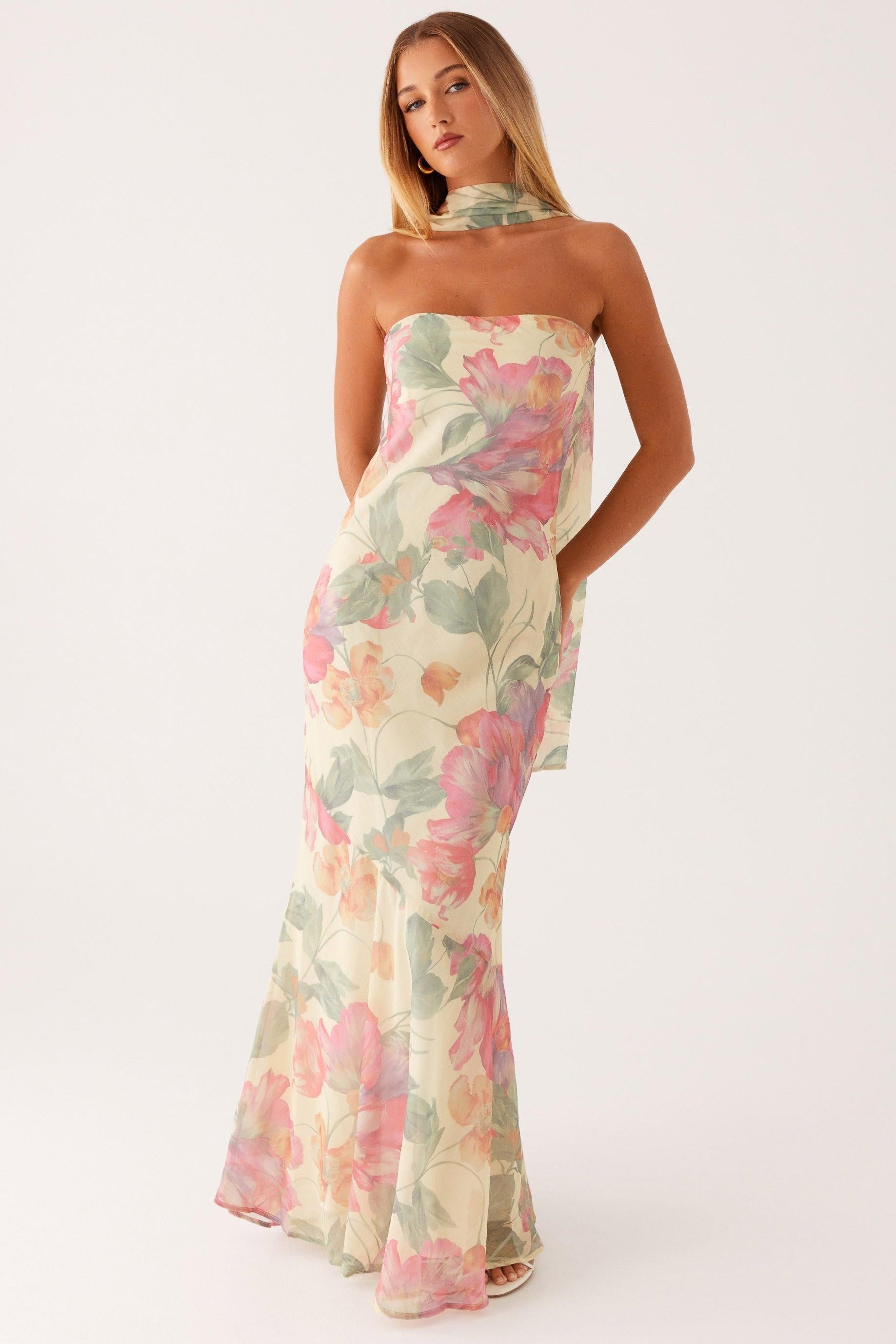 Camila - Langes trägerloses Chiffonkleid mit Blumendruck