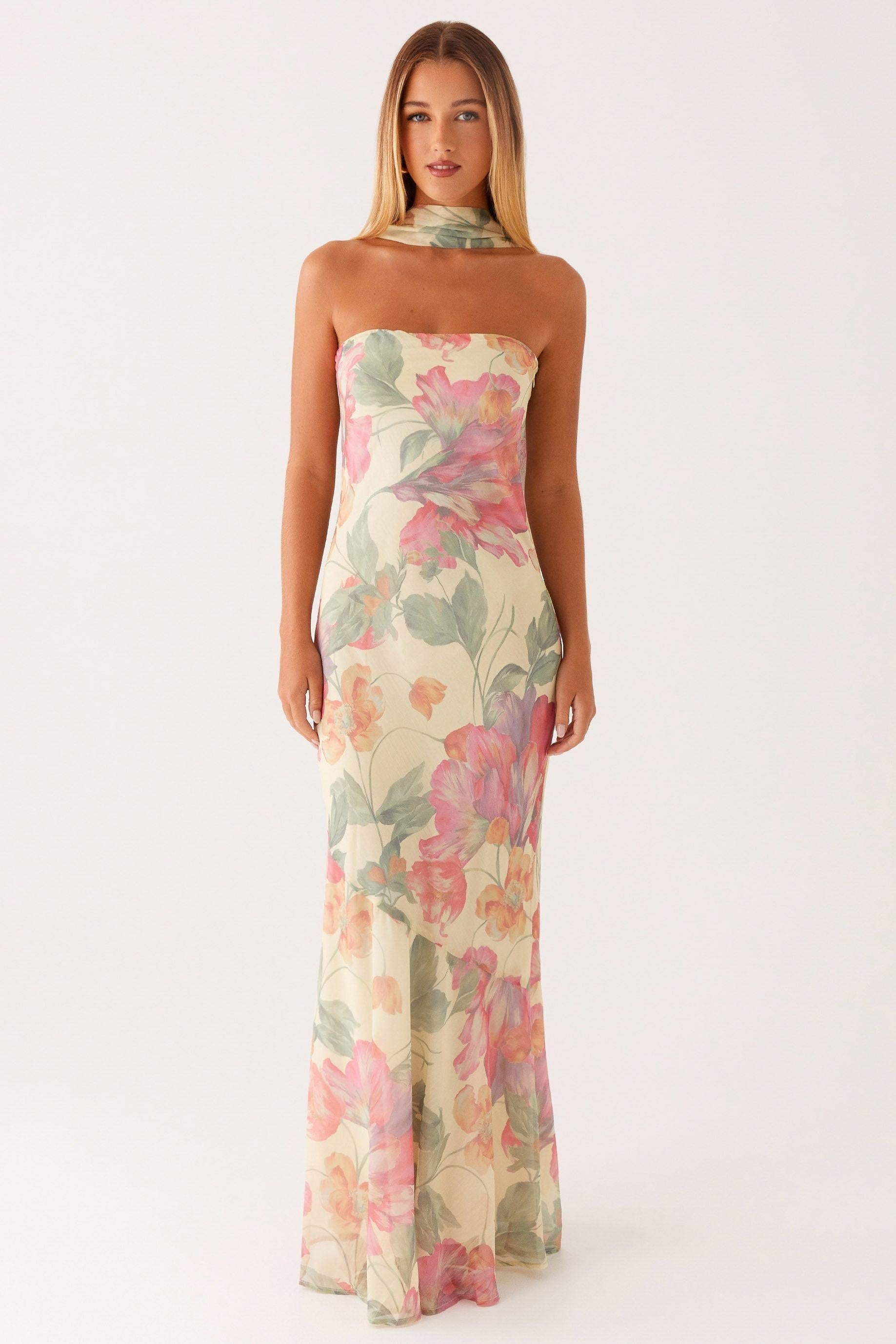 Camila - Langes trägerloses Chiffonkleid mit Blumendruck