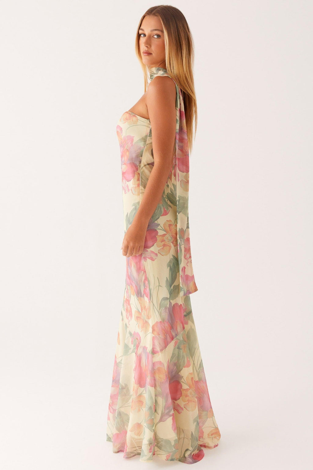Camila - Langes trägerloses Chiffonkleid mit Blumendruck