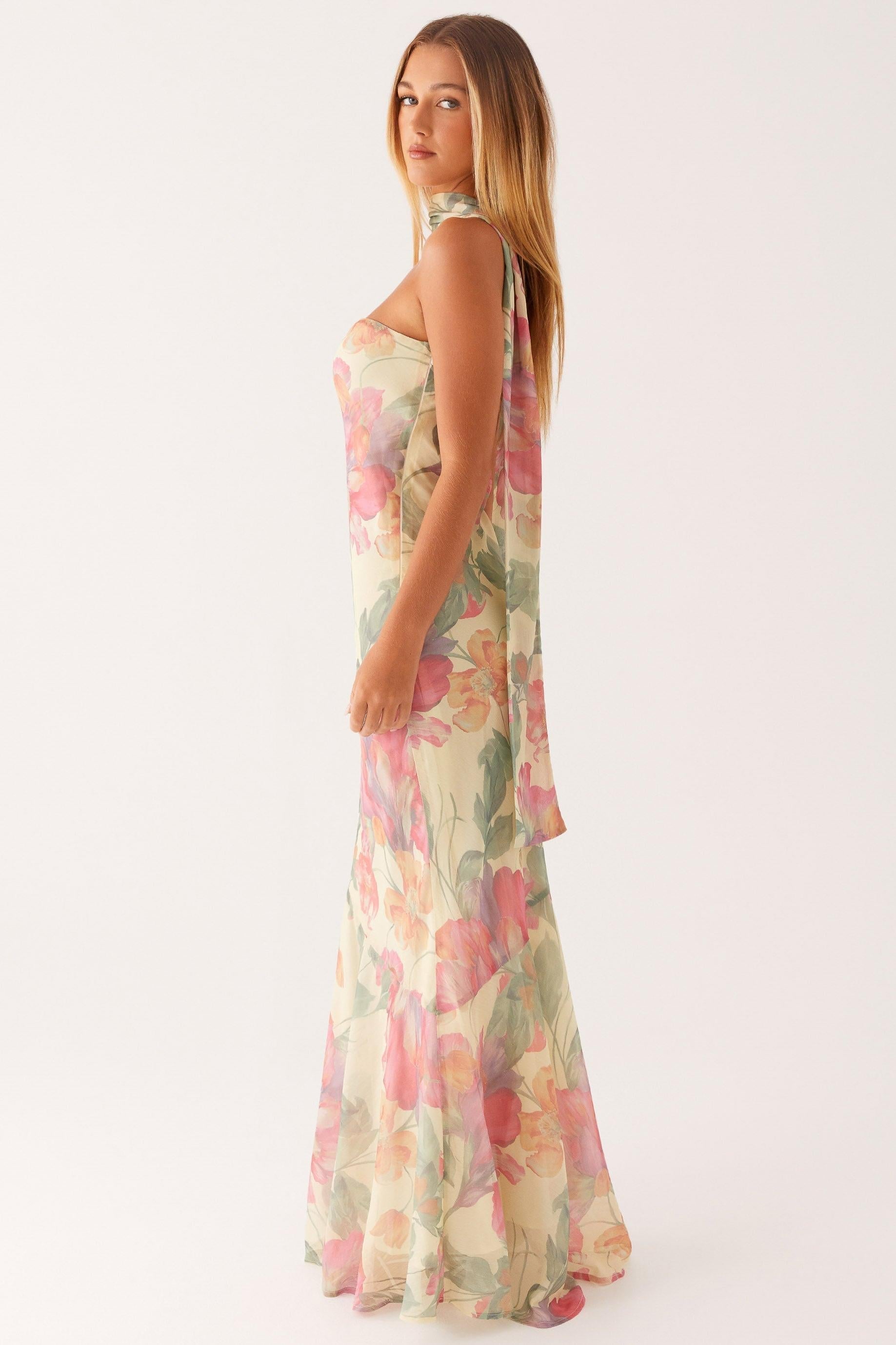 Camila - Langes trägerloses Chiffonkleid mit Blumendruck