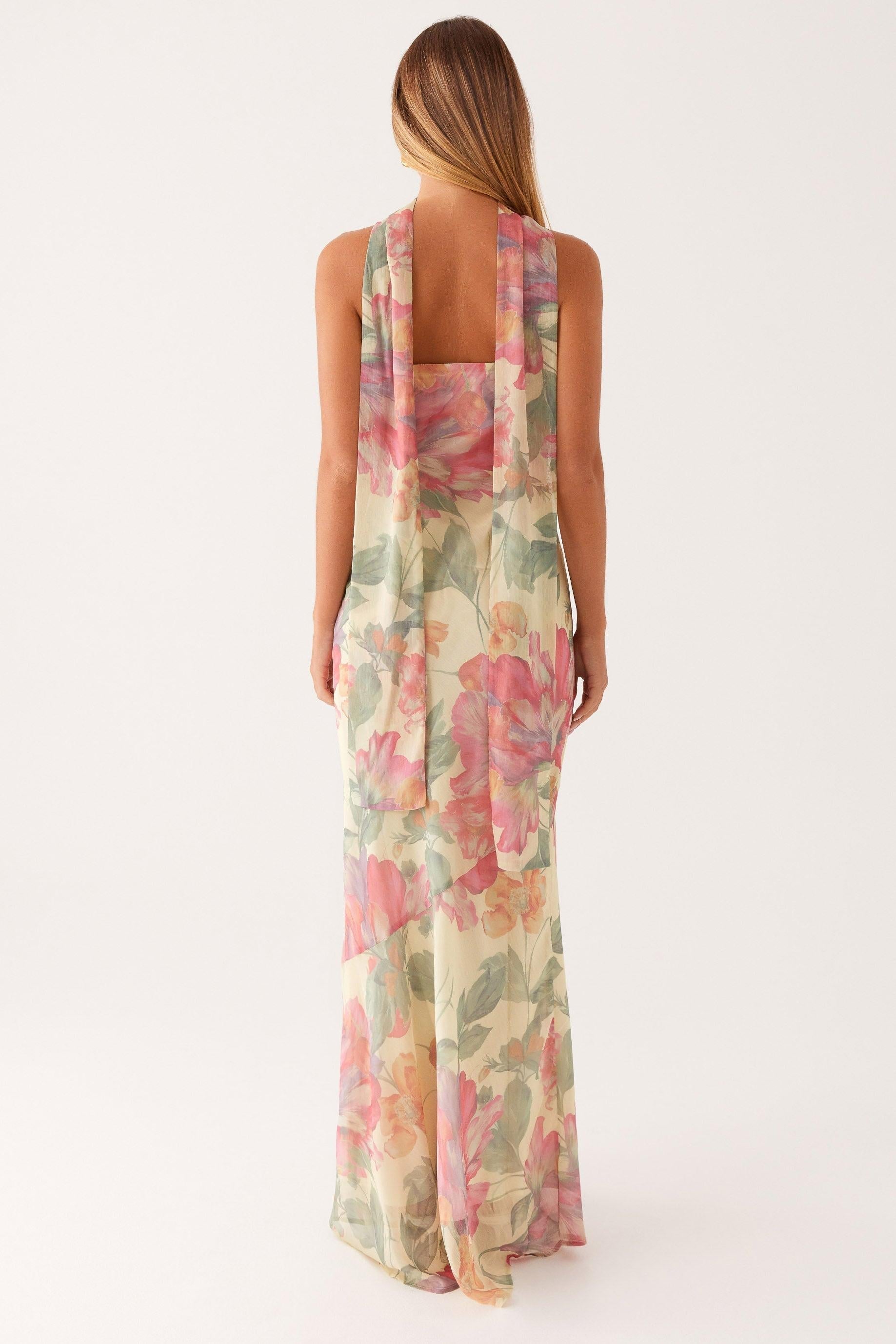 Camila - Langes trägerloses Chiffonkleid mit Blumendruck
