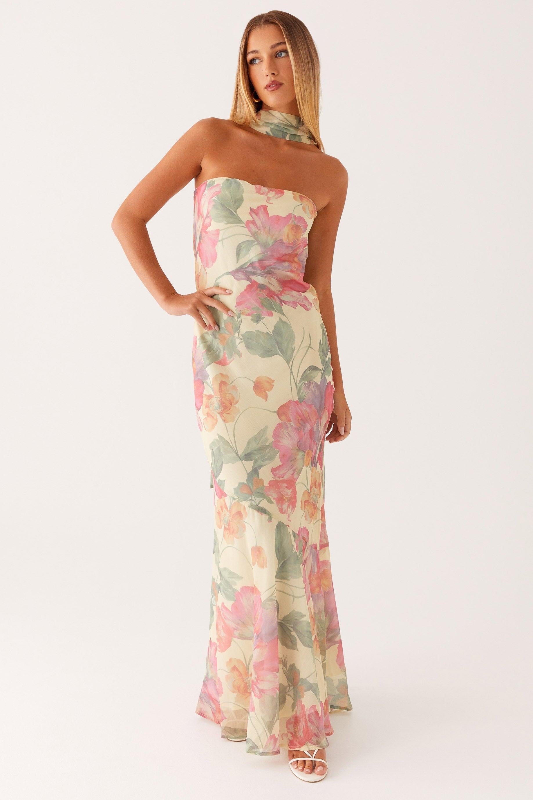 Camila - Langes trägerloses Chiffonkleid mit Blumendruck