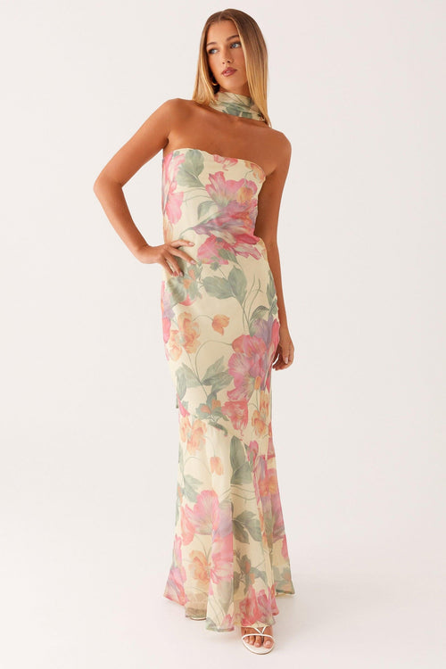 Camila - Langes trägerloses Chiffonkleid mit Blumendruck