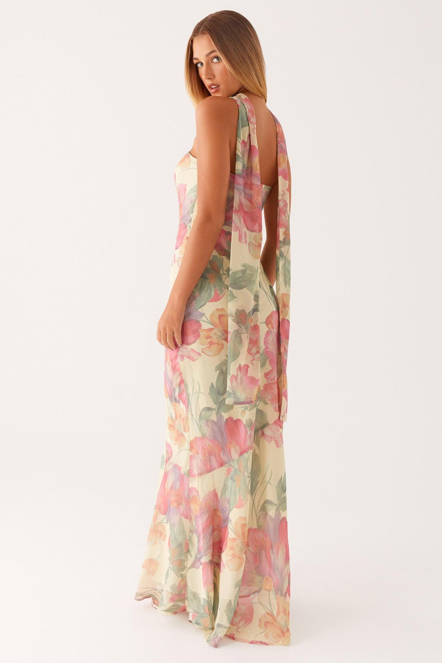 Camila - Langes trägerloses Chiffonkleid mit Blumendruck