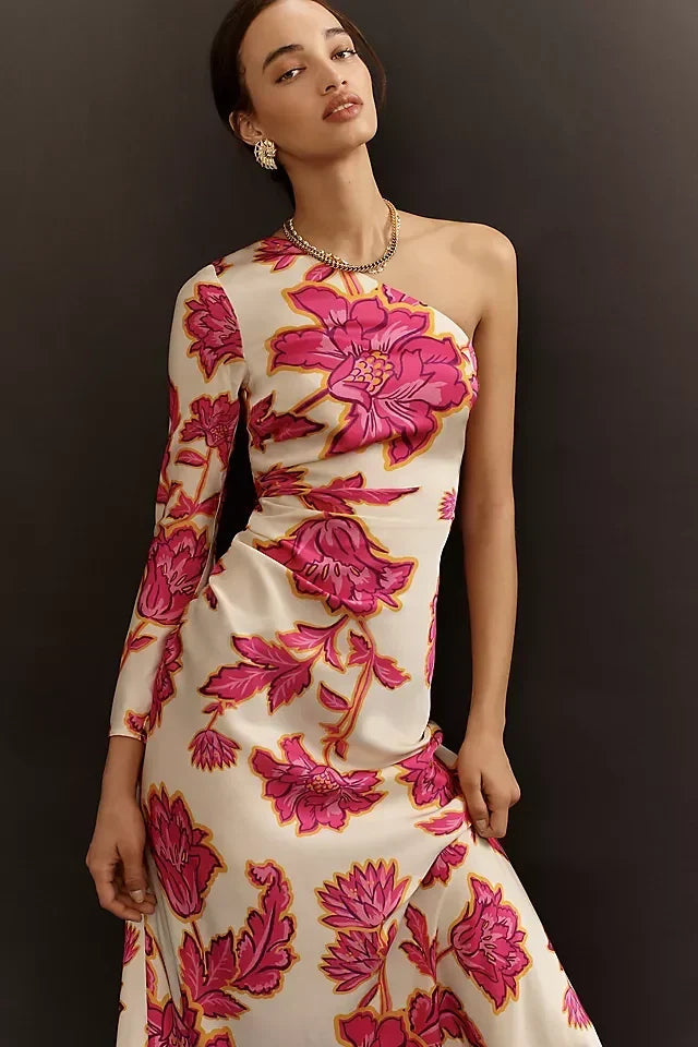 Valentina - Langes geblümtes Kleid mit einer Schulter