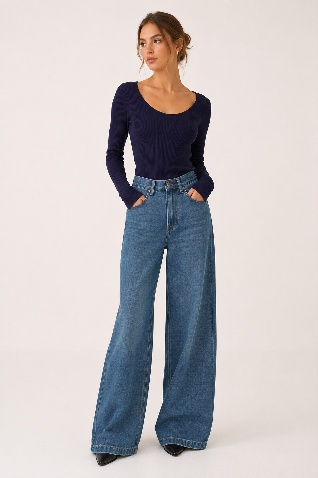 Baggy-Jeans für Damen mit hoher Taille, weitem Bein und geradem Schnitt – Freja