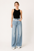 Damenjeans mit weitem Bein, hoher Leibhöhe und Spitzenverzierung – Irma
