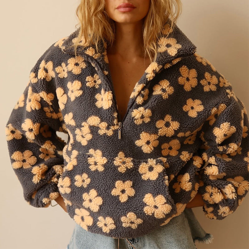 Fleece Pullover Bloom kuschelig warmes Sherpa Innenfutter Boho Stil für kalte Tage - Daisy