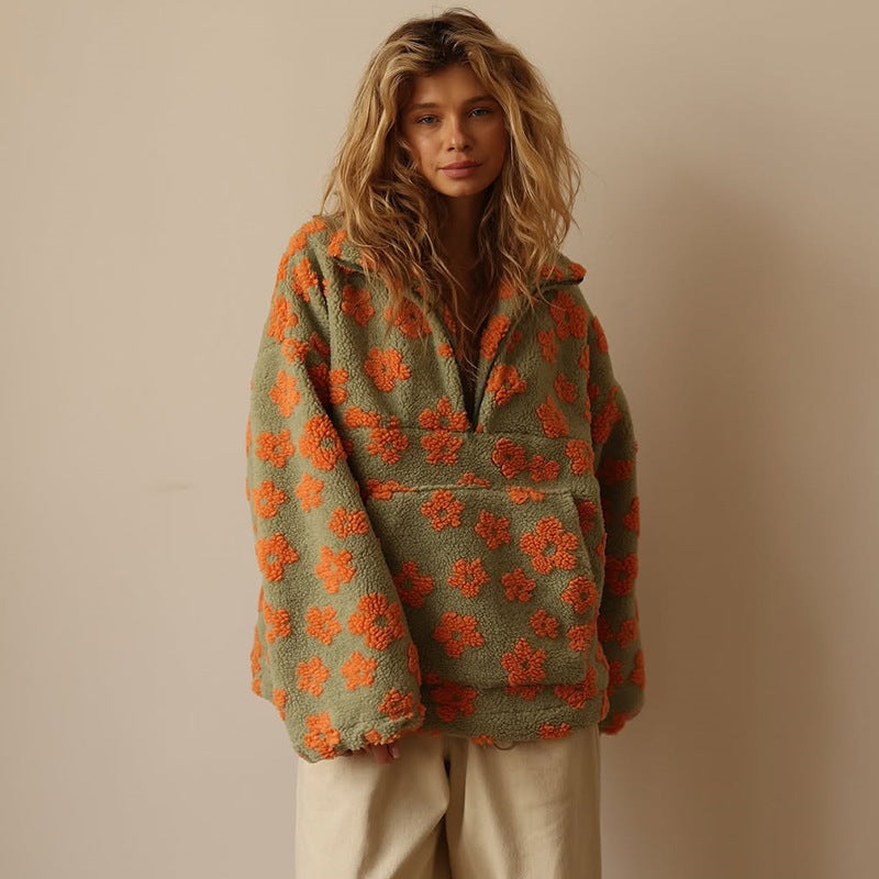 Fleece Pullover Bloom kuschelig warmes Sherpa Innenfutter Boho Stil für kalte Tage - Daisy