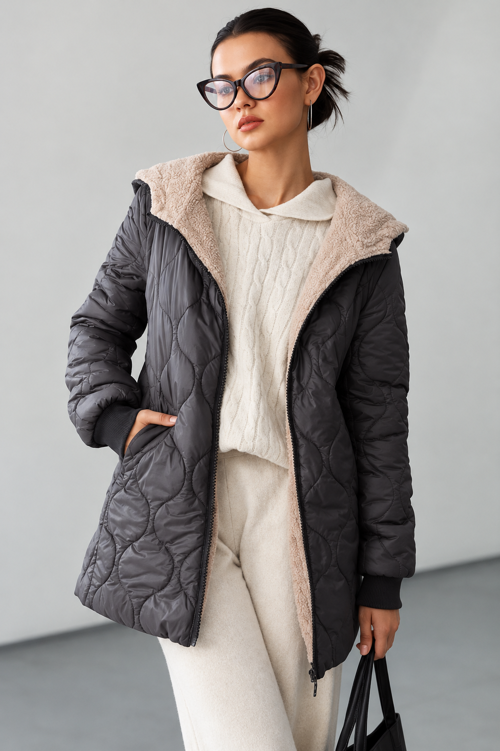 Lange Steppjacke mit Teddyfutter