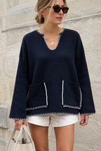 Strickpullover mit Kontrastnähten und Taschen