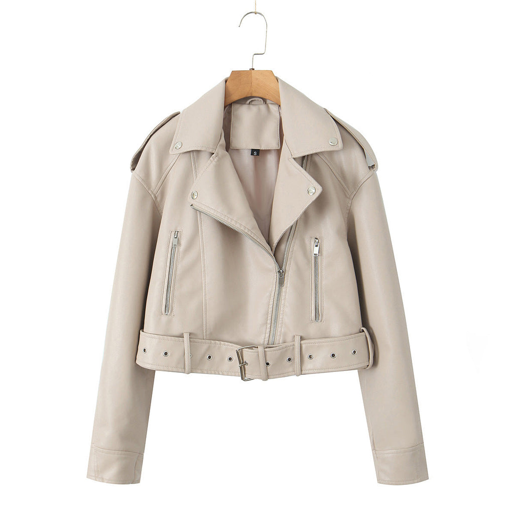 Kurze Damen-Bikerjacke mit Gürtel und Crossover-Verschluss - Zaireth