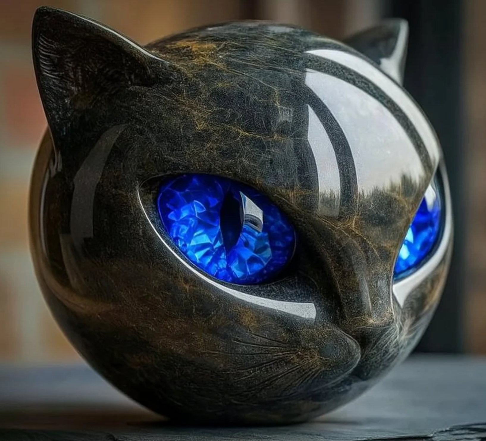 Elinas Auge – Mystische Katzenskulptur aus poliertem Marmor