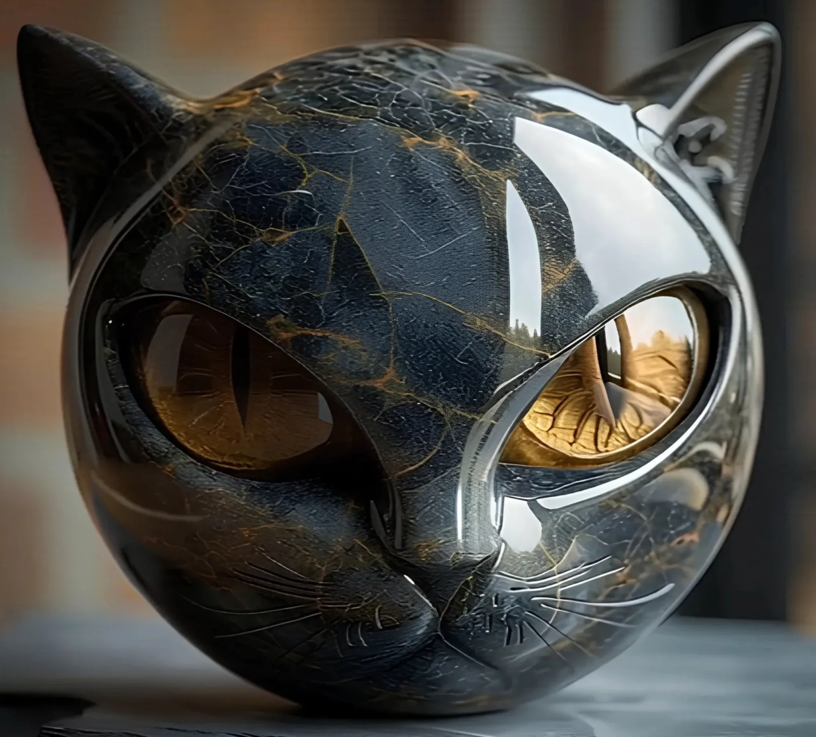 Elinas Auge – Mystische Katzenskulptur aus poliertem Marmor