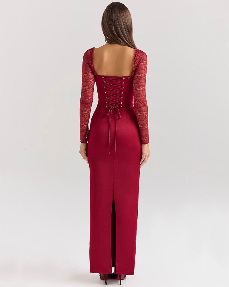 Florence - Langes Kleid mit langen Ärmeln in Weinrot und Spitze