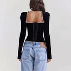 Keny - Vintage Schwarzes SamtBluse Top