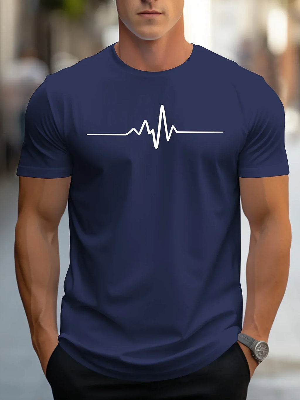 Herren Slim-Fit Kurzarm T-Shirt mit Herzschlag-Print