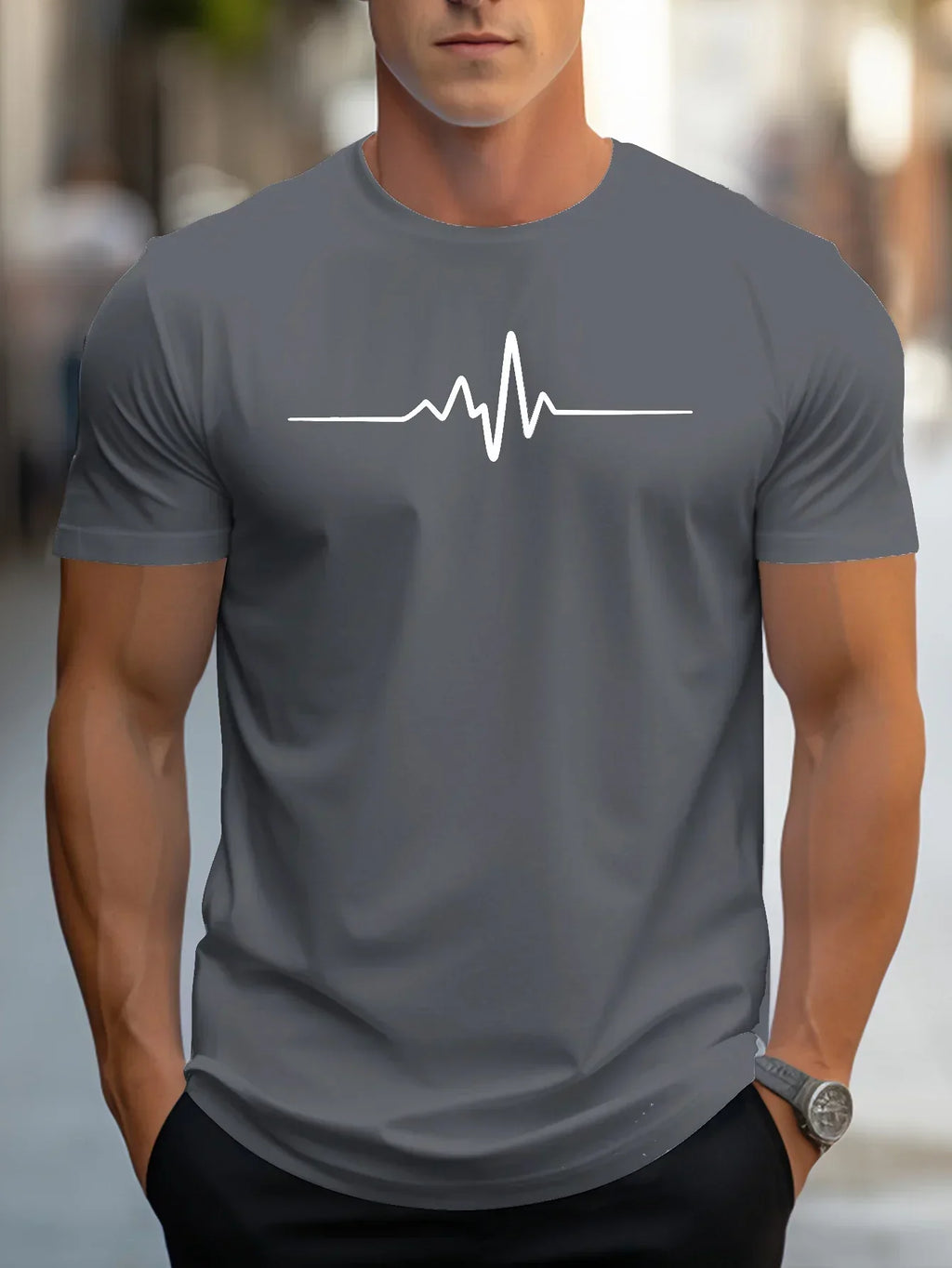 Herren Slim-Fit Kurzarm T-Shirt mit Herzschlag-Print