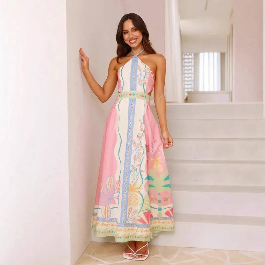 Valentina langes bedrucktes Kleid mit Neckholder-Ausschnitt für Frauen - Valentina