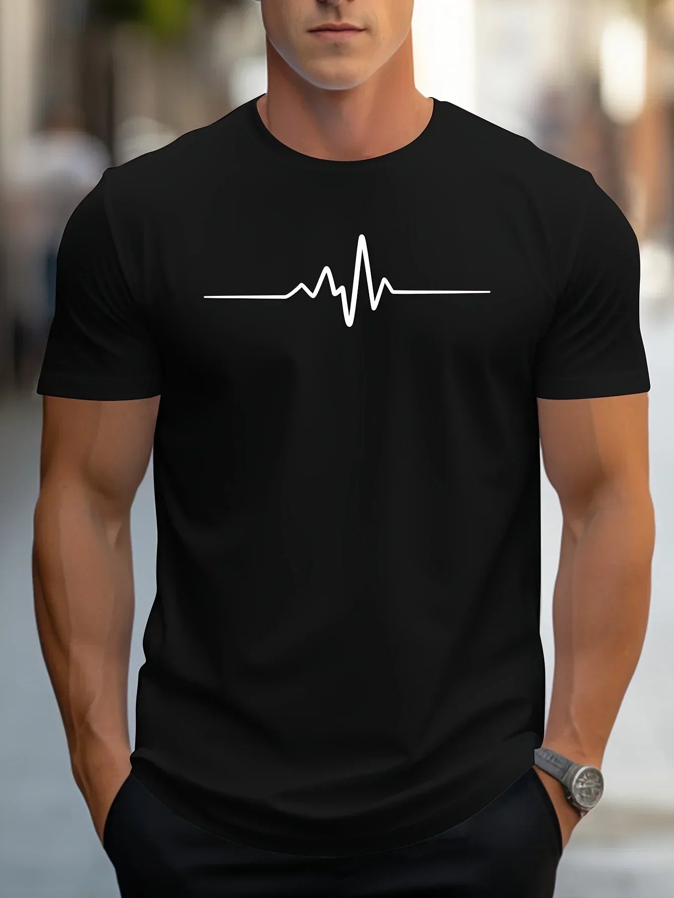 Herren Slim-Fit Kurzarm T-Shirt mit Herzschlag-Print