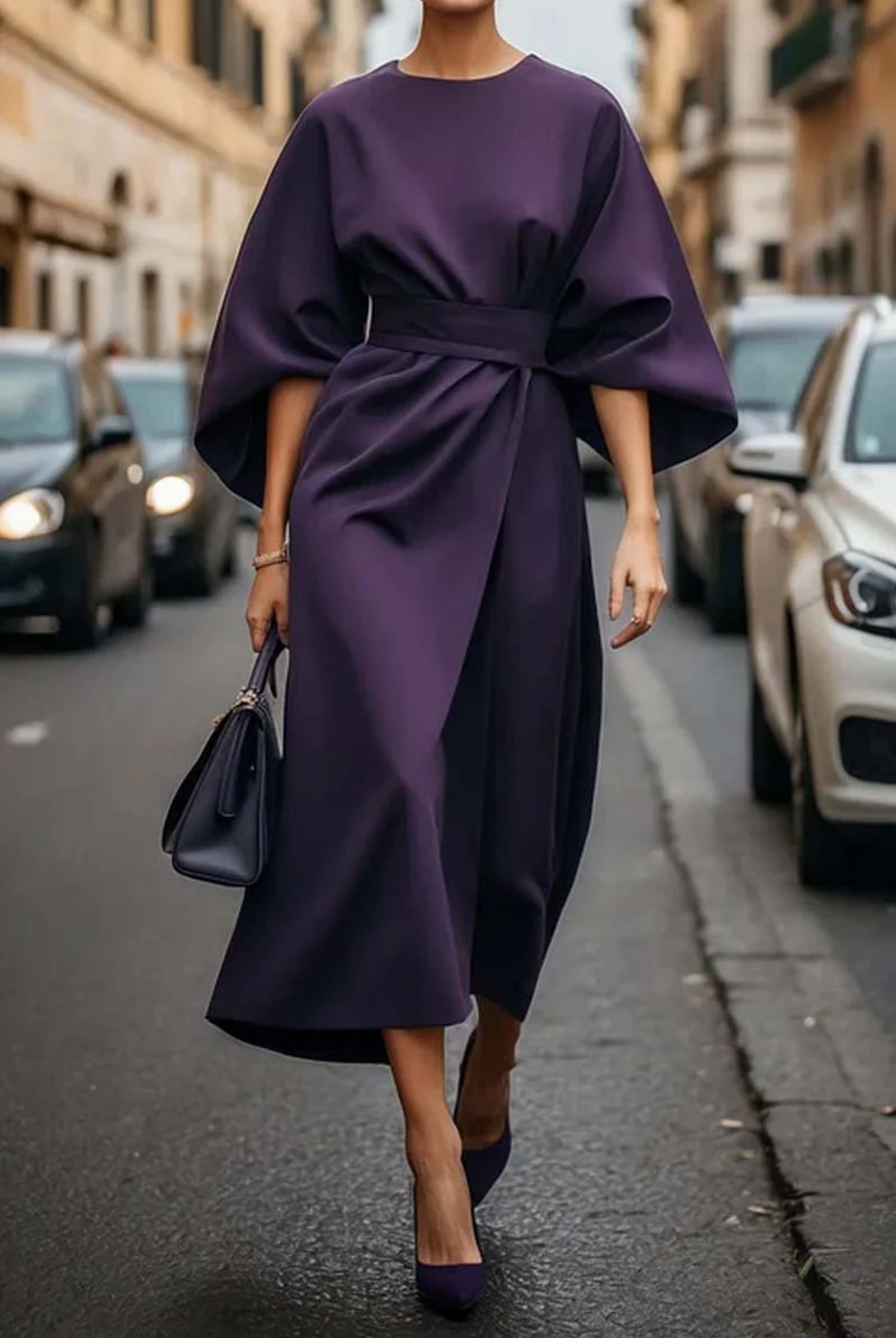 Sofia-Kleid – Zeitlose Eleganz mit Laternenärmeln und Gürtel