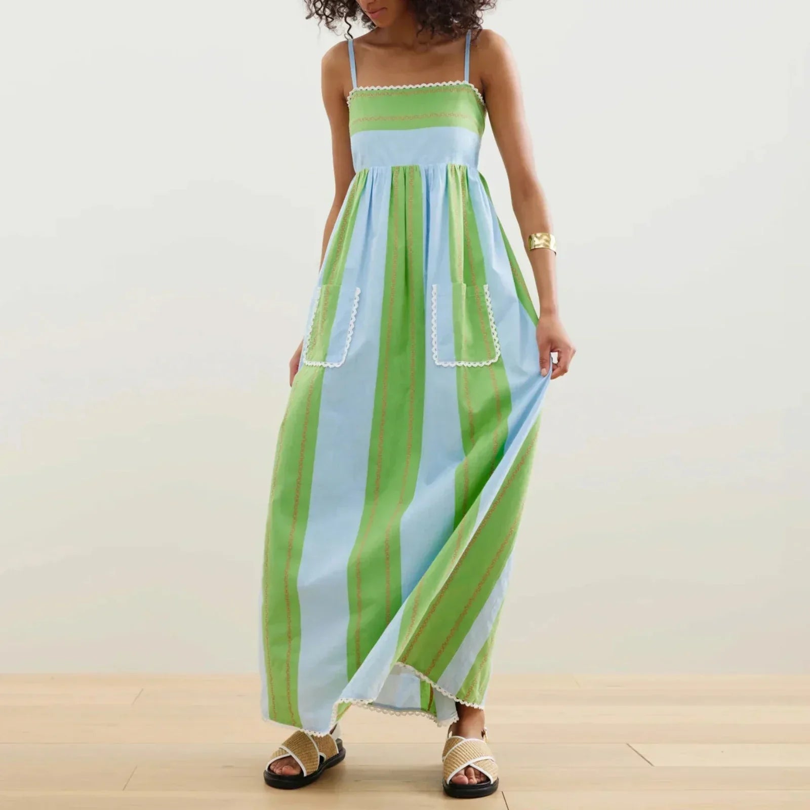 Damen Maxikleid mit dünnen Trägern und gestreiftem Muster - Liora