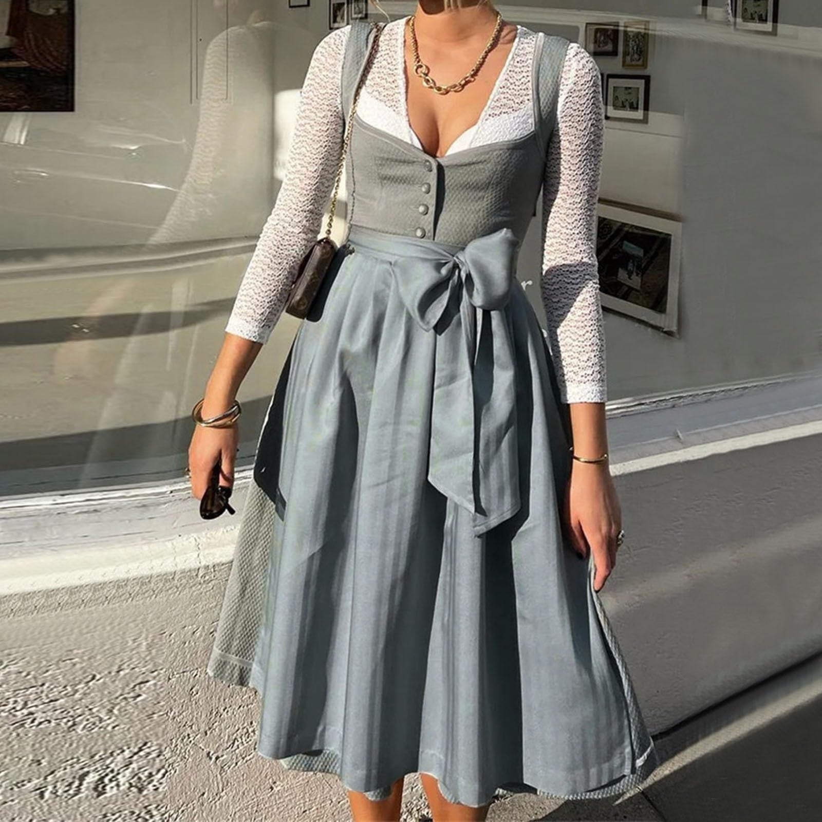 Damen Oktoberfest Dirndl Kleid mit Quadratkragen - Hildegard