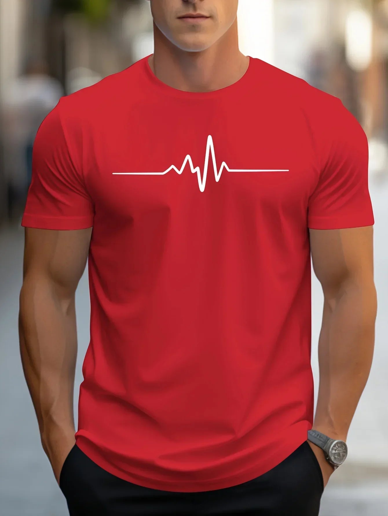 Herren Slim-Fit Kurzarm T-Shirt mit Herzschlag-Print