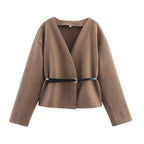 Kurze Damenjacke mit Gürtel und V-Ausschnitt – Irina