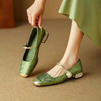 Damen Ballerina Pumps mit Metallic-Spitze und Blockabsatz mit Kristallen - Valeria