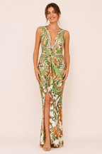 Gemustertes Damenkleid mit V-Ausschnitt und figurbetonter Passform  – Ottilie